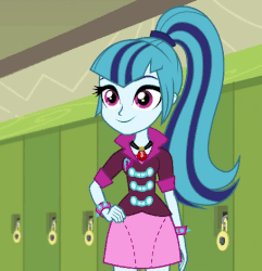 Size: 454x471 | Tagged: safe, edit, edited screencap, screencap, sonata dusk, equestria girls, g4, my little pony equestria girls: rainbow rocks, animated, cane, clothes, female, hand on hip, high ponytail, implied flash sentry, long hair, ponytail, skirt, smiling, solo