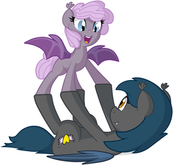 Size: 2709x2586 | Tagged: safe, artist:furrgroup, oc, oc only, oc:sirocca, oc:speck, bat pony, pony, cute, duo, female, filly, high res, looking at each other, mother and daughter, open mouth, simple background, smiling, spread wings, white background