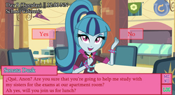 Size: 1394x764 | Tagged: safe, artist:imperfectxiii, artist:lilww3, sonata dusk, equestria girls, g4, my little pony equestria girls: rainbow rocks, dating sim, gratuitous spanish, looking at you, visual novel