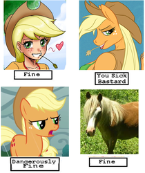 Size: 471x561 | Tagged: safe, artist:johnjoseco, artist:tyelle, edit, edited screencap, screencap, applejack, earth pony, horse, human, pony, anthro, g4, /mlp/, anthro chart, anti-furry, applejack's hat, cowboy hat, dangerously furry, female, furry, hat, irl horse, live action applejack, mare, op is a duck, op is trying to start shit, parody, stetson, text