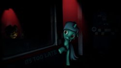 Size: 1024x576 | Tagged: safe, applejack, lyra heartstrings, pony, robot, robot pony, five nights at aj's, g4, 3d, animatronic, applefreddy, female, five nights at freddy's, glowing eyes, scared, solo