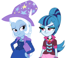 Size: 3296x2468 | Tagged: safe, artist:rivalcat, sonata dusk, trixie, equestria girls, g4, my little pony equestria girls: rainbow rocks, duo, female, hand on hip, high res, lesbian, shipping, simple background, sonatrix, transparent background, vector