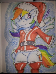 Size: 336x448 | Tagged: safe, artist:yukinzu, rainbow dash, pegasus, pony, g4, christmas, clothes, female, holiday, santa costume, solo, traditional art