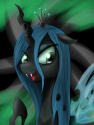 Size: 600x800 | Tagged: safe, artist:sticky-plaster, queen chrysalis, changeling, changeling queen, g4, crown, fangs, female, jewelry, regalia, solo