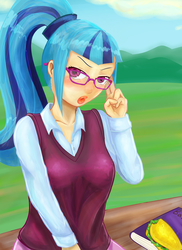 Size: 1600x2200 | Tagged: dead source, safe, artist:terpa-apret, sonata dusk, equestria girls, g4, my little pony equestria girls: rainbow rocks, clothes, female, glasses, humanized, pixiv, school uniform, solo, taco