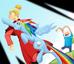 Size: 1846x1598 | Tagged: safe, artist:eosphorite, rainbow dash, human, pegasus, pony, g4, adventure time, backwards cutie mark, butt, crossover, crown, eyes closed, female, finn the human, floppy ears, game of thrones, gritted teeth, joffrey baratheon, king joffrey, male, mare, plot, punch, rainbow punch, spread wings