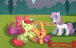 Size: 1725x1099 | Tagged: safe, artist:horrormage, apple bloom, scootaloo, sweetie belle, earth pony, pegasus, pony, unicorn, g4, belly button, blushing, cheering up, cutie mark crusaders, eyes closed, feather, female, filly, grin, levitation, magic, navel play, on back, open mouth, scootalove, sitting, smiling, spread wings, sweetie belle's magic brings a great big smile, telekinesis, tickling, underhoof