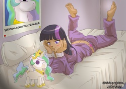 Size: 800x565 | Tagged: safe, artist:muramasa, princess celestia, twilight sparkle, human, g4, barefoot, bed, bedroom, blushing, clothes, dark skin, feet, female, humanized, implied lesbian, implied shipping, implied twilestia, midriff, pajamas, plushie, poster, url