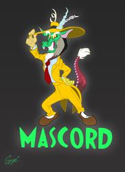 Size: 1700x2340 | Tagged: safe, artist:martonszucsstudio, discord, g4, clothes, dripcord, hand on hip, male, necktie, signature, simple background, solo, suit, the mask, xk-class end-of-the-world scenario, zoot suit