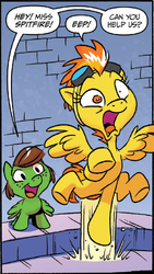 Size: 461x815 | Tagged: safe, artist:jay fosgitt, idw, spitfire, pegasus, pony, friends forever, g4, spoiler:comic, spoiler:comicff11, faic, goggles, jumping, peanuts, pedophobia, peppermint patty, startled