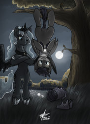 Size: 1280x1752 | Tagged: safe, artist:slawomiro, princess luna, oc, oc:au hasard, alicorn, bat pony, pony, g4, armor, bipedal, crossed arms, moon, night, night guard, phone, royal guard, smartphone, spread wings, story in the comments, tree, unamused, upside down