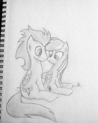 Size: 1024x1278 | Tagged: safe, artist:mythologynerd101, rainbow dash, soarin', g4, blushing, female, male, monochrome, old cutie mark, ship:soarindash, shipping, sketch, straight, traditional art