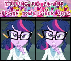 Size: 1000x850 | Tagged: safe, artist:aroddo, edit, edited screencap, screencap, sci-twi, twilight sparkle, a friend in deed, equestria girls, g4, my little pony equestria girls: rainbow rocks, evil grin, frown upside down, inverted mouth, scientist, smile song