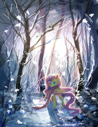 Size: 2448x3168 | Tagged: safe, artist:aquagalaxy, fluttershy, g4, clothes, female, high res, light, scarf, snow, snowfall, solo, winter