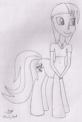 Size: 1137x1698 | Tagged: safe, artist:parclytaxel, derpibooru exclusive, oc, oc only, oc:parcly taxel, centaur, equestria girls, g4, belly button, cassidy taxel, lineart, monochrome, polo tee, traditional art