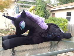 Size: 2560x1920 | Tagged: safe, artist:neysanight, nightmare moon, alicorn, pony, g4, irl, lying down, outdoors, photo, plushie, prone, solo, table