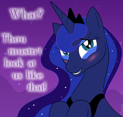 Size: 817x779 | Tagged: safe, artist:dracovar, princess luna, alicorn, pony, g4, blushing, dialogue, female, looking at you, solo