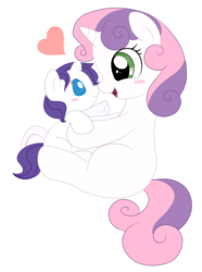 Size: 1451x1949 | Tagged: safe, artist:pridark, rarity, sweetie belle, pony, g4, age regression, baby, baby pony, cute, diasweetes, filly, foal, role reversal, simple background, sisters, transparent background