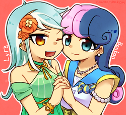 Size: 991x908 | Tagged: safe, artist:c-minded, bon bon, lyra heartstrings, sweetie drops, equestria girls, g4, female, holding hands, human coloration, lesbian, ship:lyrabon, shipping