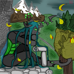 Size: 4096x4096 | Tagged: safe, artist:briarspark, queen chrysalis, changeling, changeling queen, semi-anthro, g4, absurd resolution, castle, female, solo