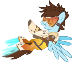 Size: 3442x3000 | Tagged: safe, artist:ruinedomega, pegasus, pony, clothes, female, high res, mare, overwatch, ponified, ponyscape, simple background, solo, spread wings, tracer, transparent background, wings