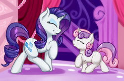 Size: 1941x1266 | Tagged: safe, artist:fearingfun, rarity, sweetie belle, pony, unicorn, g4, belle sisters, cute, duo, duo female, eyes closed, female, filly, foal, raised hoof, raised leg, siblings, sisters, smiling