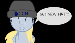 Size: 299x173 | Tagged: safe, derpy hooves, pegasus, pony, g4, beanie, female, happy, hat, mare, solo, speech bubble