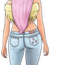 Size: 1000x1000 | Tagged: safe, artist:king-kakapo, fluttershy, human, ass, clothes, cute, cutie mark, female, flutterbutt, humanized, jeans, multiple variants, simple background, solo, topless, transparent background, winged humanization