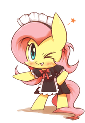 Size: 900x1300 | Tagged: safe, artist:joycall6, fluttershy, pony, g4, bipedal, clothes, female, maid, simple background, solo, wink