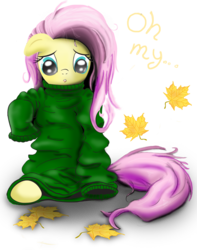 Size: 788x1000 | Tagged: dead source, safe, artist:hereticofdune, fluttershy, g4, autumn leaves, clothes, cute, female, leaf, leaves, oh my, oversized clothes, shyabetes, simple background, solo, sweater, sweatershy, transparent background