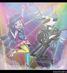 Size: 866x944 | Tagged: safe, artist:the-butch-x, twilight sparkle, equestria girls, g4, my little pony equestria girls: rainbow rocks, armpits, clothes, concert, crossover, duo, guitar, male, mordecai, pantyhose, regular show, twilight sparkle (alicorn)