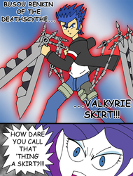 Size: 723x950 | Tagged: safe, artist:combatkaiser, flash sentry, rarity, equestria girls, g4, busou renkin, meme, rage face, valkyrie skirt