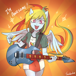 Size: 700x700 | Tagged: safe, artist:raichi, rainbow dash, equestria girls, g4, my little pony equestria girls: rainbow rocks, blushing, female, guitar, guitar pick, looking at you, musical instrument, open mouth, ponied up, solo, truth