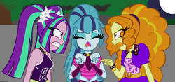 Size: 2428x1132 | Tagged: safe, artist:queentigrel, adagio dazzle, aria blaze, sonata dusk, equestria girls, g4, my little pony equestria girls: rainbow rocks, aftermath, angry, argument, clothes, moon, night, pointing, sleeveless, the dazzlings, tree
