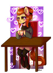 Size: 2931x4000 | Tagged: safe, artist:sunshineapple, oc, oc only, coffee, sitting, smiling, solo, table