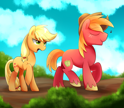 Size: 1500x1300 | Tagged: safe, artist:sion-ara, applejack, big macintosh, earth pony, pony, g4, accessory swap, accessory theft, eyes closed, male, missing accessory, stallion