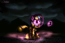 Size: 3000x2000 | Tagged: safe, artist:jedayskayvoker, oc, oc only, oc:puppysmiles, earth pony, pony, fallout equestria, fallout equestria: pink eyes, cloud, cloudy, fanfic, fanfic art, female, filly, foal, hazmat suit, heads up display, high res, hooves, hud, magic, mountain, open mouth, overcast, pink cloud (fo:e), radiation suit, road, rock, rock of destiny, saddle bag, solo, wasteland