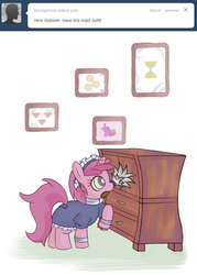 Size: 639x891 | Tagged: safe, artist:haute-claire, ruby pinch, ask ruby pinch, g4, ask, clothes, duster, dusting, female, filly, french maid, furniture, maid, solo, tumblr
