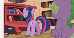 Size: 982x511 | Tagged: safe, screencap, spike, twilight sparkle, pony, g4, back of head, butt, female, mare, plot