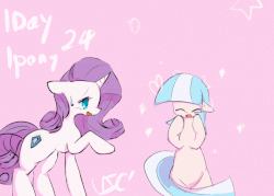 Size: 700x500 | Tagged: safe, artist:qicop, coco pommel, rarity, earth pony, pony, unicorn, g4, alternate cutie mark, animated, blank flank, cocobetes, cute, female, mare, missing accessory, open mouth, pixiv, senpai noticed me, spinning, sweat