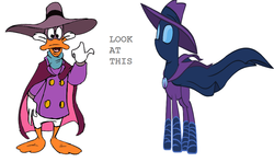 Size: 900x505 | Tagged: safe, mare do well, g4, copycat, darkwing duck, text