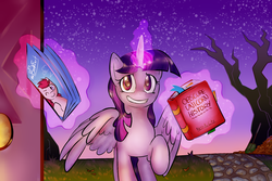 Size: 1500x1000 | Tagged: safe, artist:rhythmcrown, twilight sparkle, alicorn, pony, g4, adorkable, book, cute, dork, female, grin, looking at you, magic, mare, raised hoof, smiling, solo, spread wings, telekinesis, that pony sure does love books, twilight sparkle (alicorn)