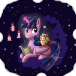 Size: 1000x1000 | Tagged: safe, artist:mimkage, owlowiscious, twilight sparkle, alicorn, bird, owl, pony, g4, book, candle, cloud, duo, duo male and female, female, magic, male, mare, prone, telekinesis, twilight sparkle (alicorn)