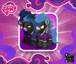 Size: 940x788 | Tagged: safe, gameloft, descent, nightshade, pegasus, pony, g4, official, clothes, costume, female, game, male, mare, my little pony logo, shadowbolts, shadowbolts (nightmare moon's minions), shadowbolts costume, stallion