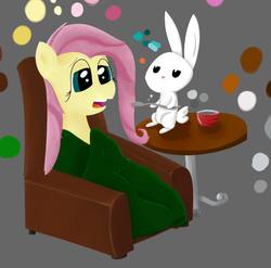 Size: 673x664 | Tagged: artist needed, safe, angel bunny, fluttershy, g4, blanket, couch, sick