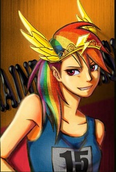 Size: 720x1068 | Tagged: safe, artist:scynema, rainbow dash, human, g4, sonic rainboom (episode), bust, female, humanized, pixiv, smiling, solo