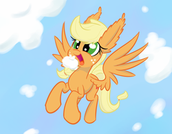Size: 900x700 | Tagged: safe, artist:heir-of-rick, applejack, pegasus, pony, daily apple pony, g4, apple, cloud, cloudy, cute, female, flapplejack, flying, happy, impossibly large ears, open mouth, race swap, smiling, solo, spread wings, that pony sure does love apples, tumblr