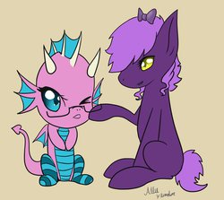 Size: 947x844 | Tagged: safe, artist:ironnails, oc, oc only, oc:lavender, oc:saga the dragon, dragon, earth pony, pony, bow, clothes, glasses, old version, socks, striped socks