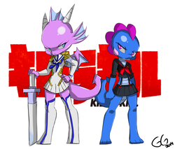 Size: 3727x3181 | Tagged: safe, artist:ironnails, oc, oc only, oc:saga the dragon, oc:sugar crisp, dragon, cosplay, high res, kill la kill, old version, sword, wings