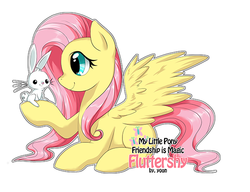 Size: 600x460 | Tagged: safe, artist:yoonny92, angel bunny, fluttershy, g4, prone, simple background, smiling, spread wings
